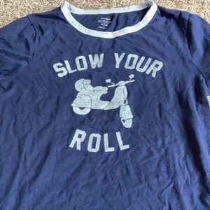 navy and white graphic tee